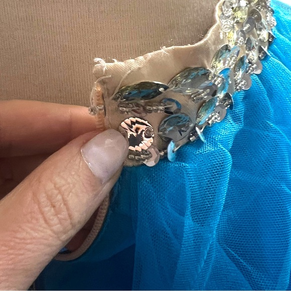 TWO PIECE Mesh Rhinestone Crop Top Prom Dress Full Skirt Blue Sz 12 - Picture 9 of 16
